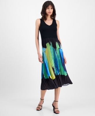 T Tahari - Women's Pleated Brushstroke-Print Dress