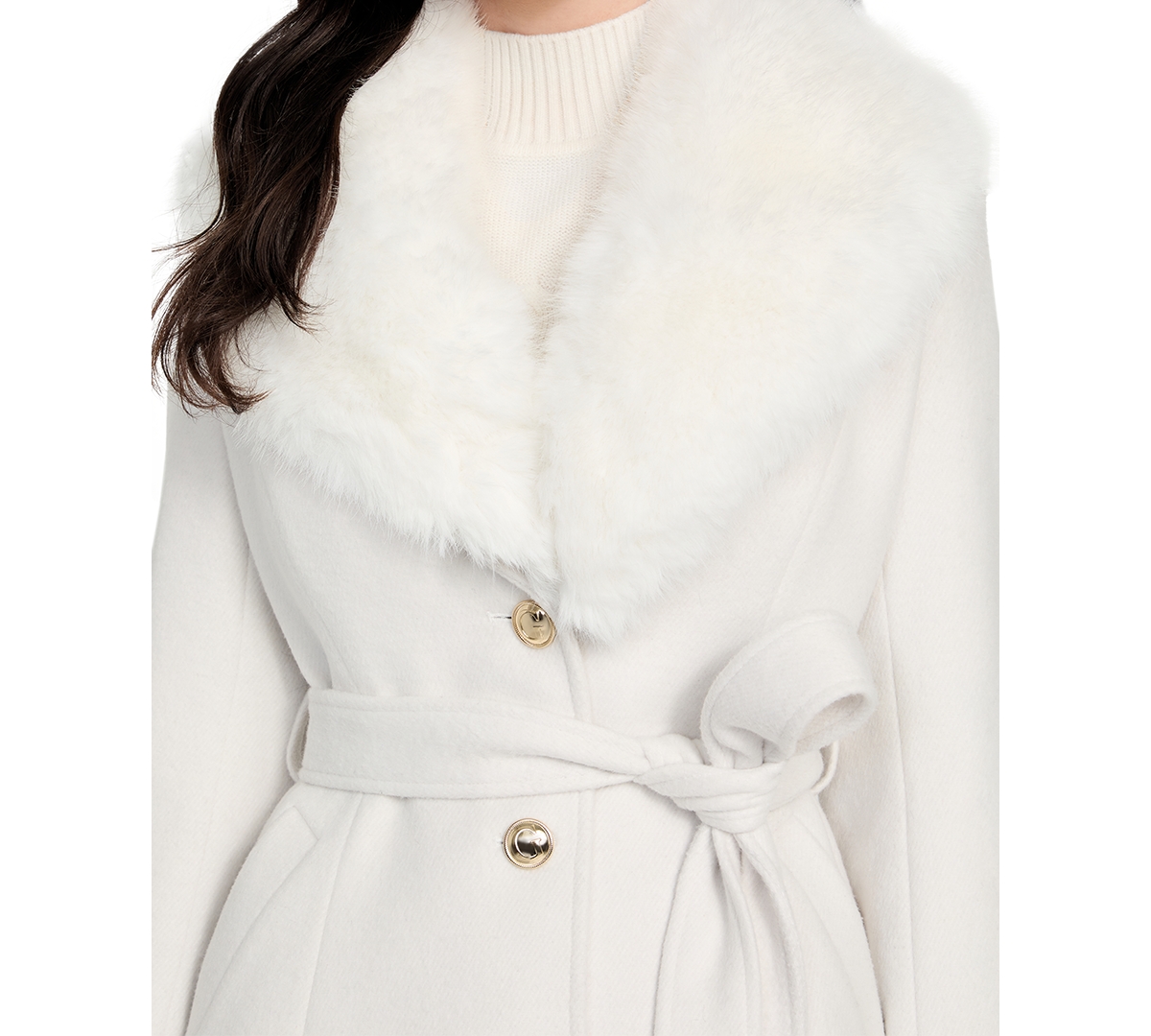 Guess Women's Belted Faux-Fur-Collar Button-Front Coat