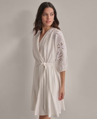 Women's V-neck Embroidered-trim Belted Dress