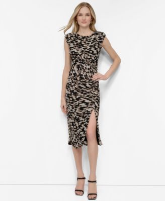 DKNY - Women's Printed Mesh Ruched Bodycon Midi Dress