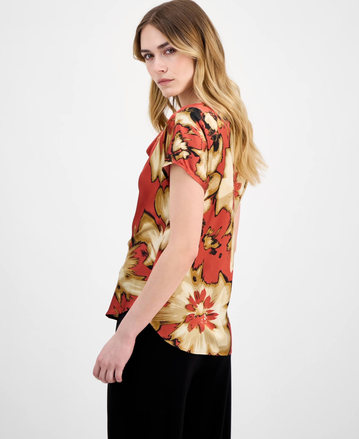 ANNE KLEIN WOMEN'S FLORAL-PRINT COWLNECK SHORT-SLEEVE BLOUSE, CREATED FOR MACY'S 