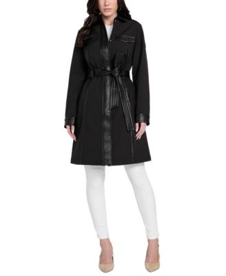 GUESS - Women's Faux-Leather-Trim Belted Trench Coat