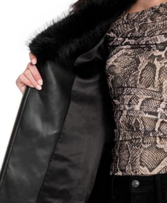 Women's Quilted Faux-Fur-Collar Faux-Leather Jacket