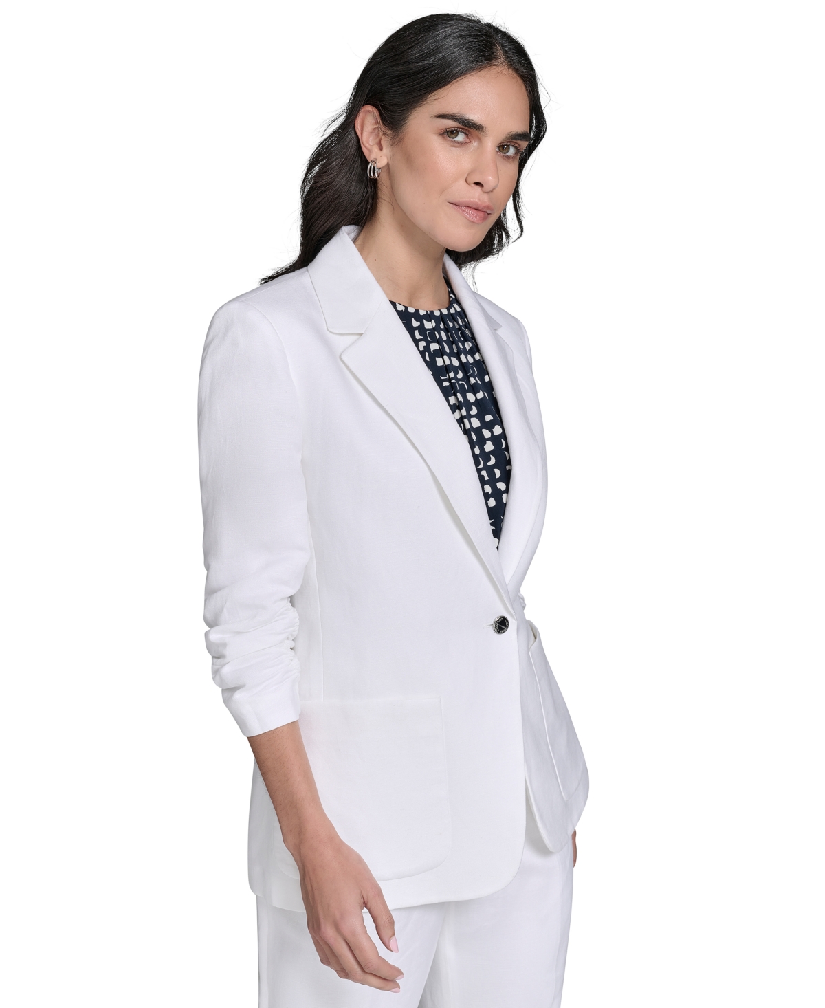 Calvin Klein Petite Ruched-sleeve Linen-blend Blazer