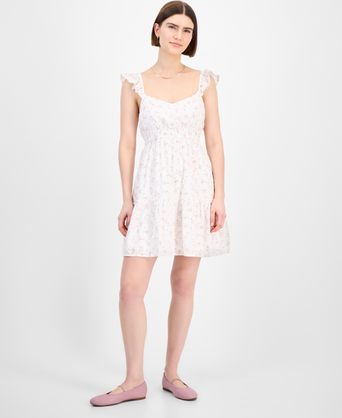 Juniors' Flutter-Sleeve Floral-Print Mini Dress - Cream Floral