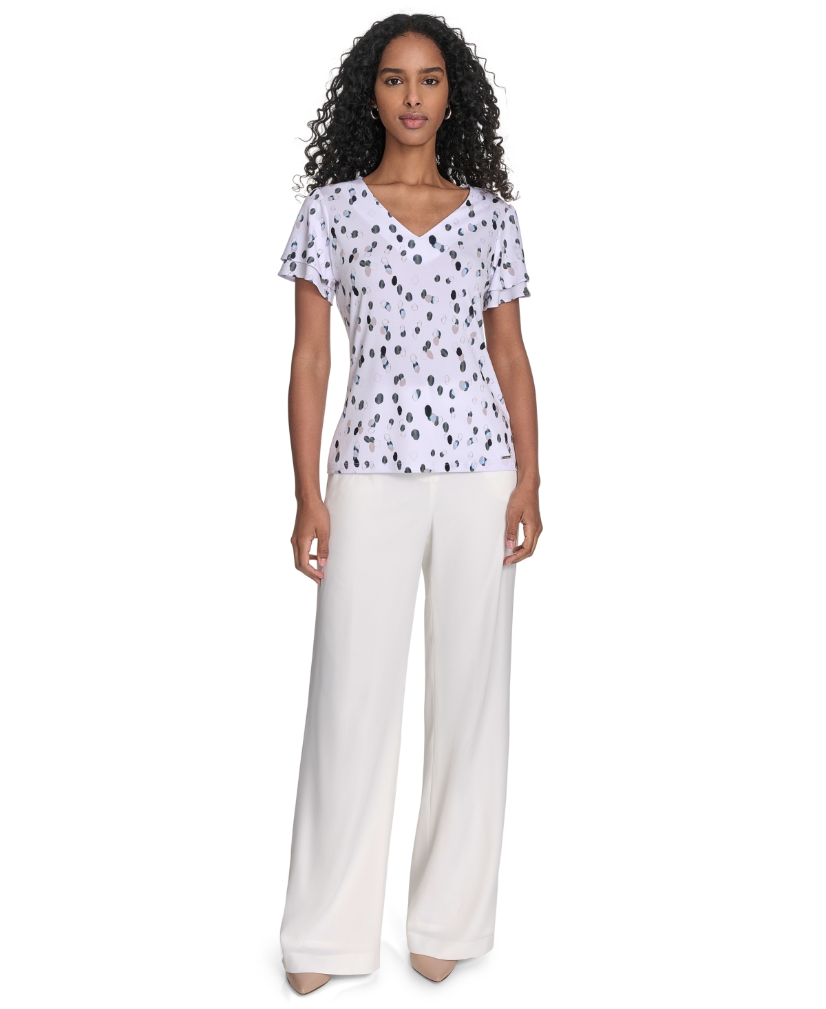 CALVIN KLEIN PETITE PRINTED FLUTTER-SLEEVE TOP 