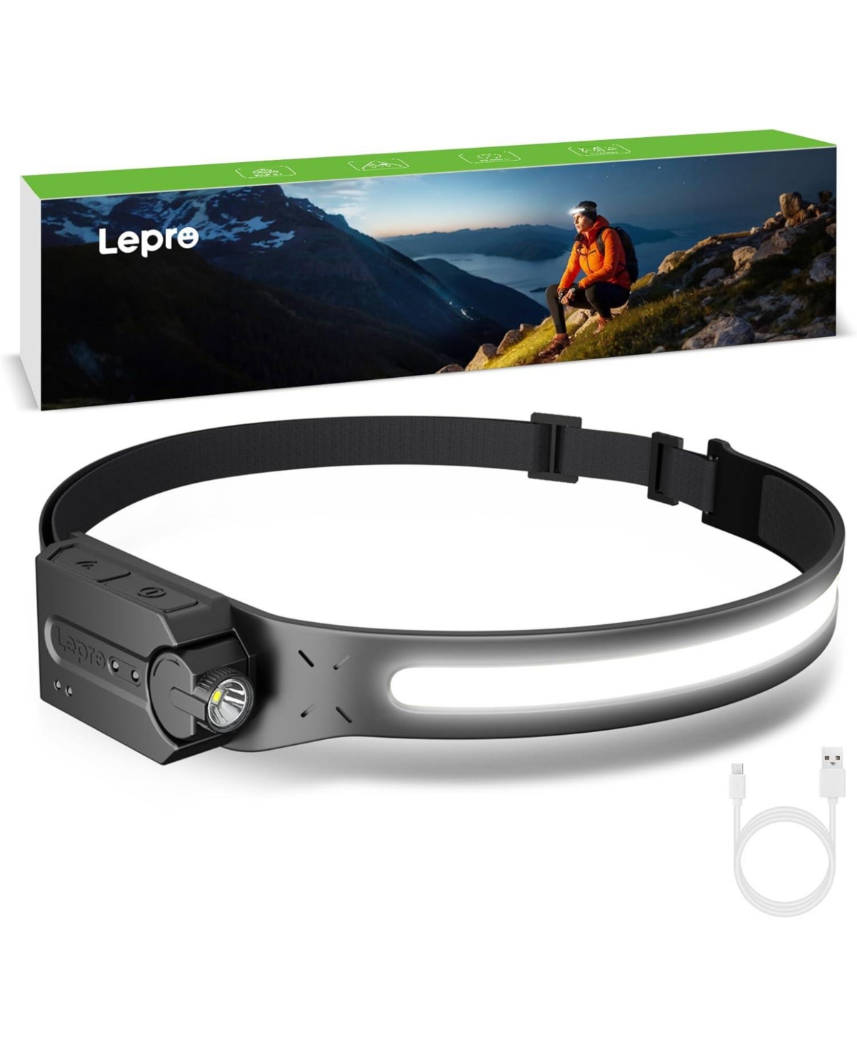 Led Headlamp Rechargeable - Super Bright Motion Sensor Head lamp with 1200 mAh Battery, 230&#xB0;Cob Wide Beam & Adjustable Spotlight, IP44 Wate