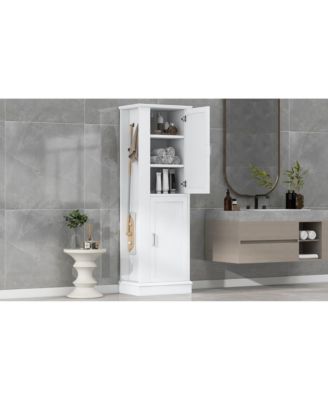 Tall Bathroom Storage Cabinet, Freestanding Storage Cabinet with Hook and Adjustable Shelf, MDF Board, White