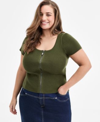 Bar III - Trendy Plus Size Ribbed Zip-Front Sweater