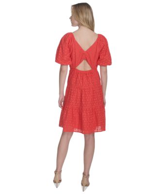 Women's V-Neck Short-Puff-Sleeve Eyelet Dress