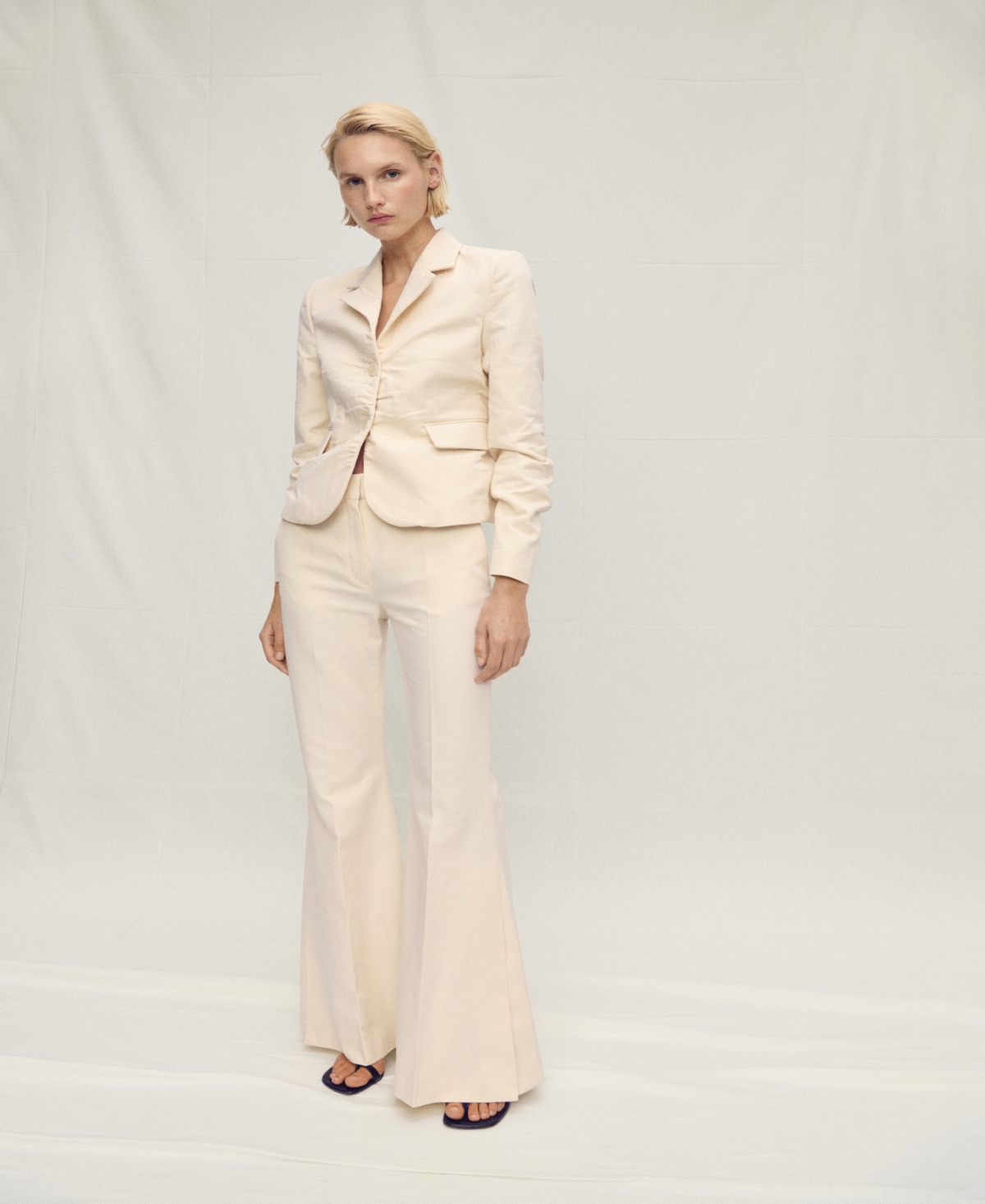 Women's Wide Leg Cotton Suit Pants - Ecru