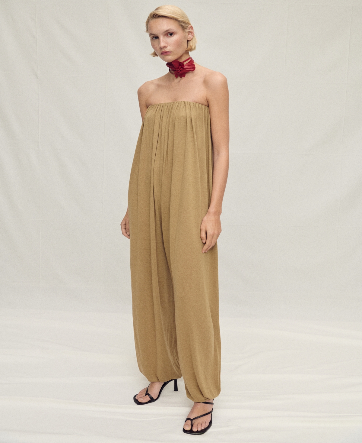 Women's Puffed Hem Strapless Jumpsuit - Beige