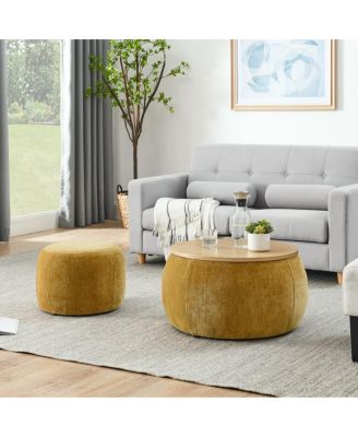 Multifunctional Round Ottoman Coffee Table with Wood Lid Hidden Seat and Storage for Bedroom or Living Room No Assembly Needed