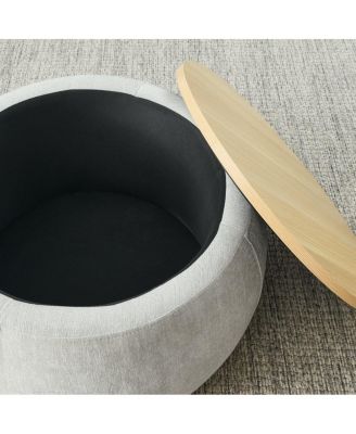 Multifunctional Round Ottoman Coffee Table with Wood Lid Hidden Seat and Storage for Bedroom or Living Room No Assembly Needed