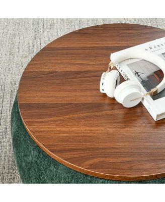 Multifunctional Round Ottoman Coffee Table with Wood Lid Hidden Seat and Storage for Bedroom or Living Room No Assembly Needed