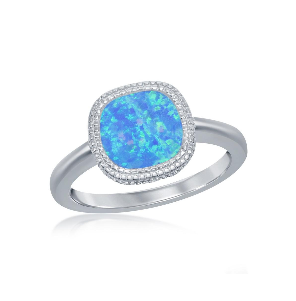 Sterling Silver Square Blue Inlay Synthetic Opal Ring - Blue