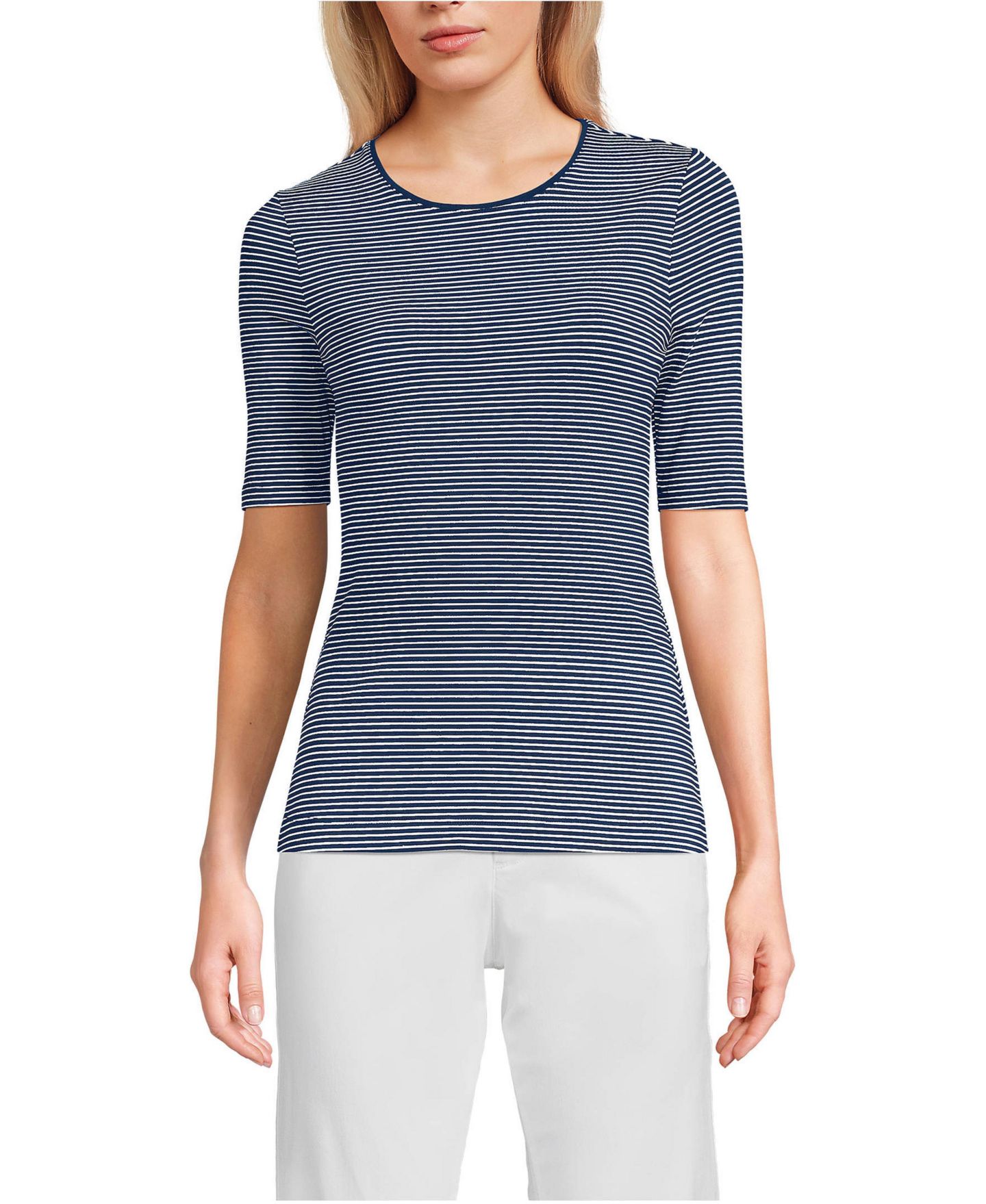 Женская футболка Lands' End Lightweight Jersey Skimming Elbow Sleeve Crew Neck, цвет: Морской тёмно-синий полосатый — фото 1