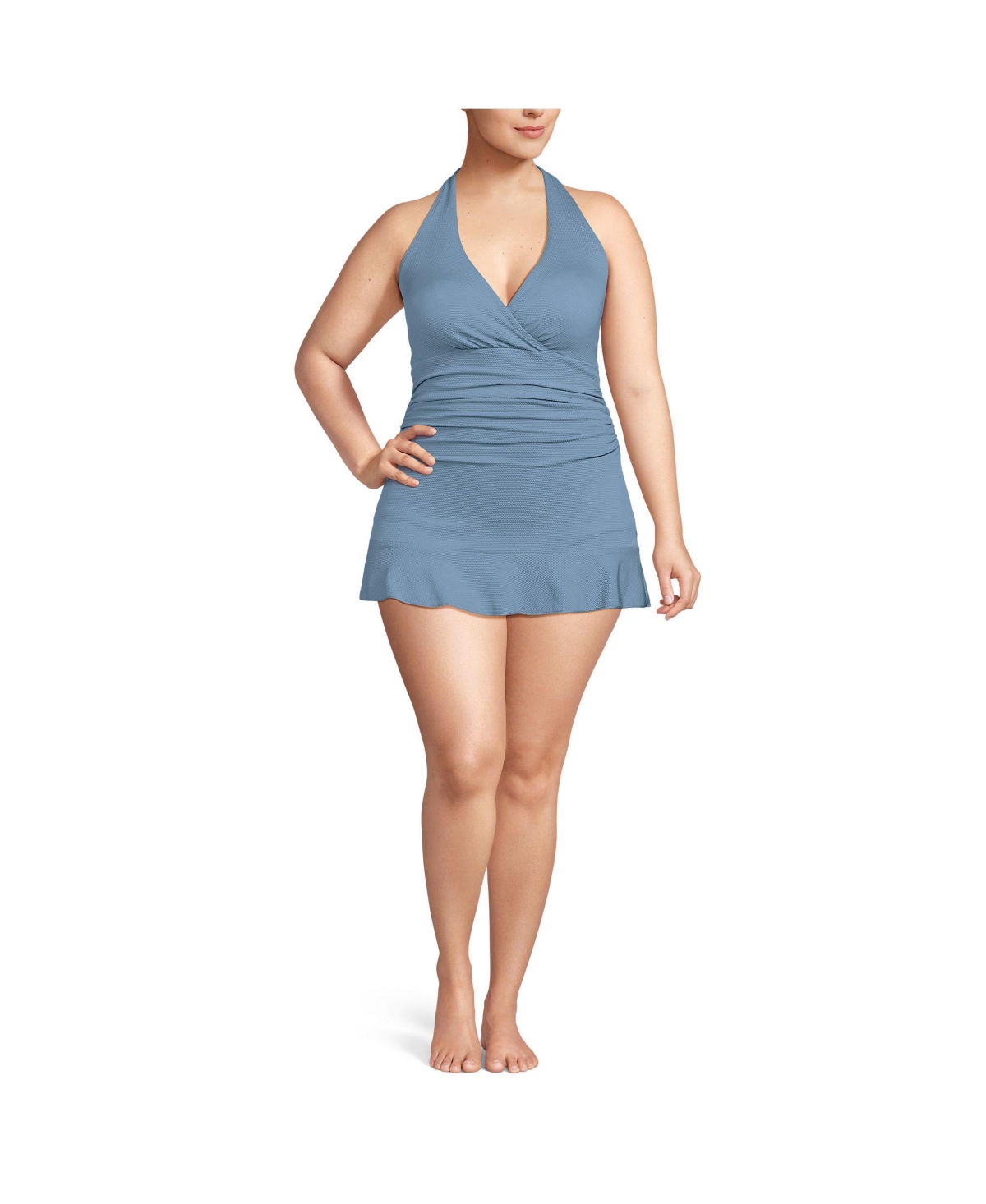 Women's Pique Halter Ruffle Hem Mini Swim Dress Swimsuit - Dusk sky