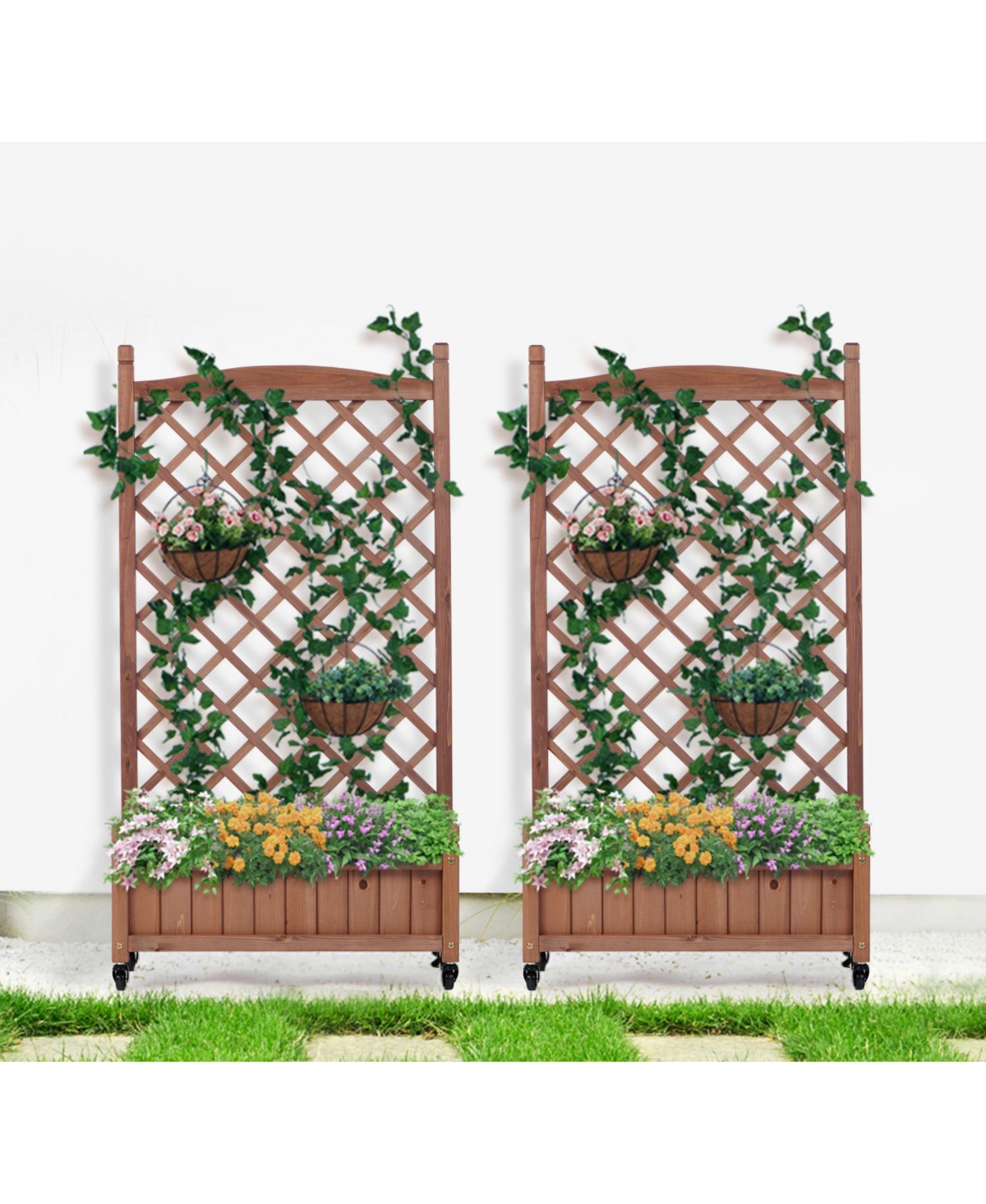 2-Pack Raised Garden Bed with Trellis & Climbing Racks - Brown