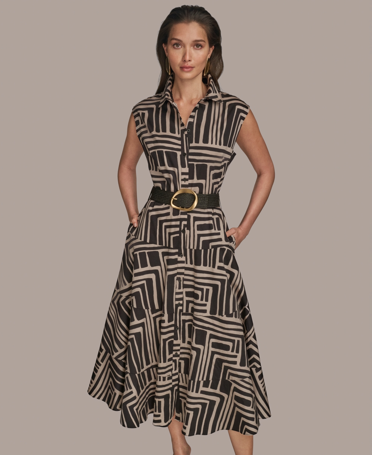 Women's Cap Sleeve Printed Shirt Dress - Blk/sand Combo