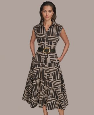 【Donna Karan New York】Belted Printed Cotton Shirtdress Donna Karan Printed Notch Collar Long Sleeve Belted Midi