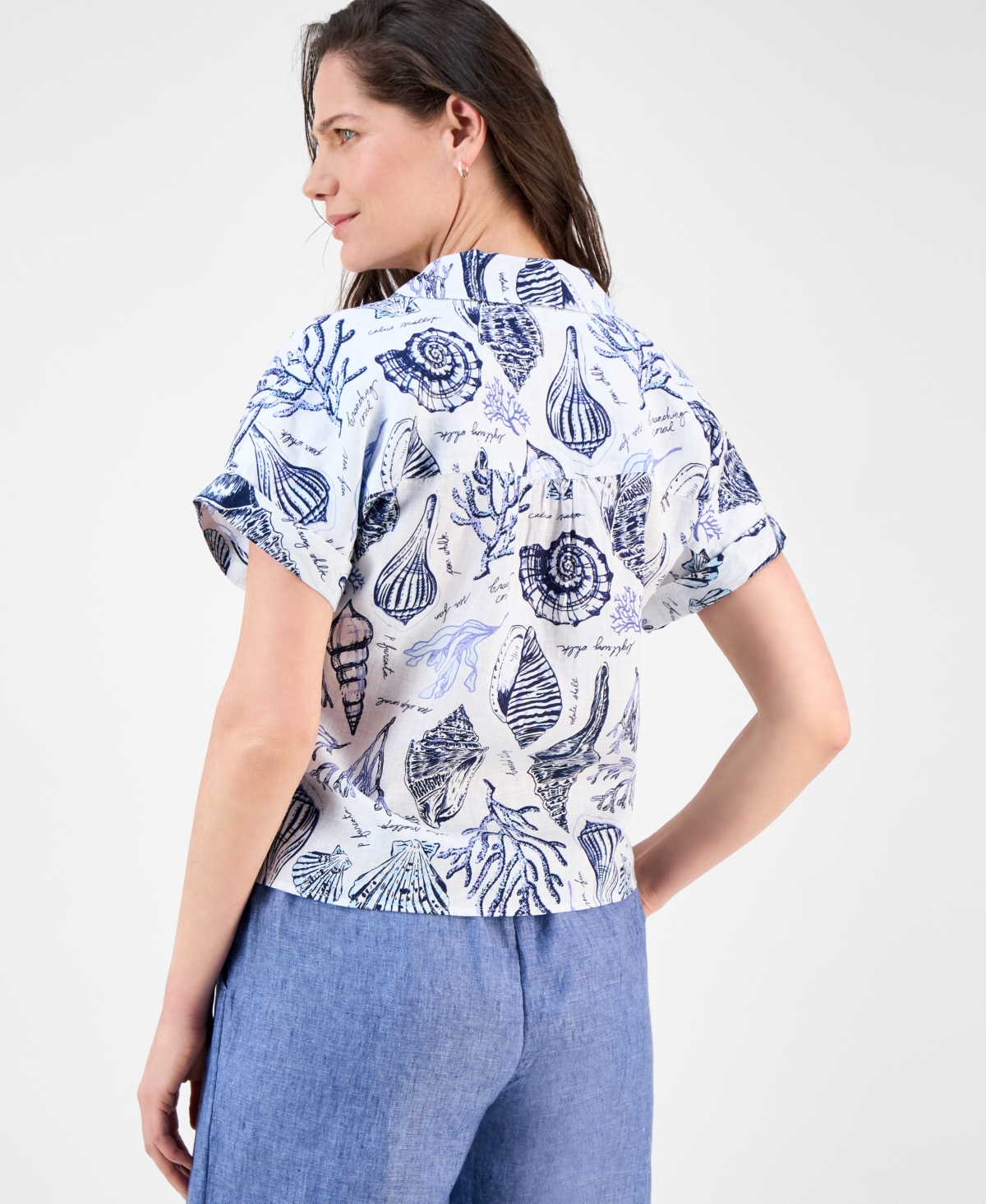 CHARTER CLUB WOMEN'S PRINTED 100% LINEN TIE-FRONT TOP, EXCLUSIVELY AT MACY'S 