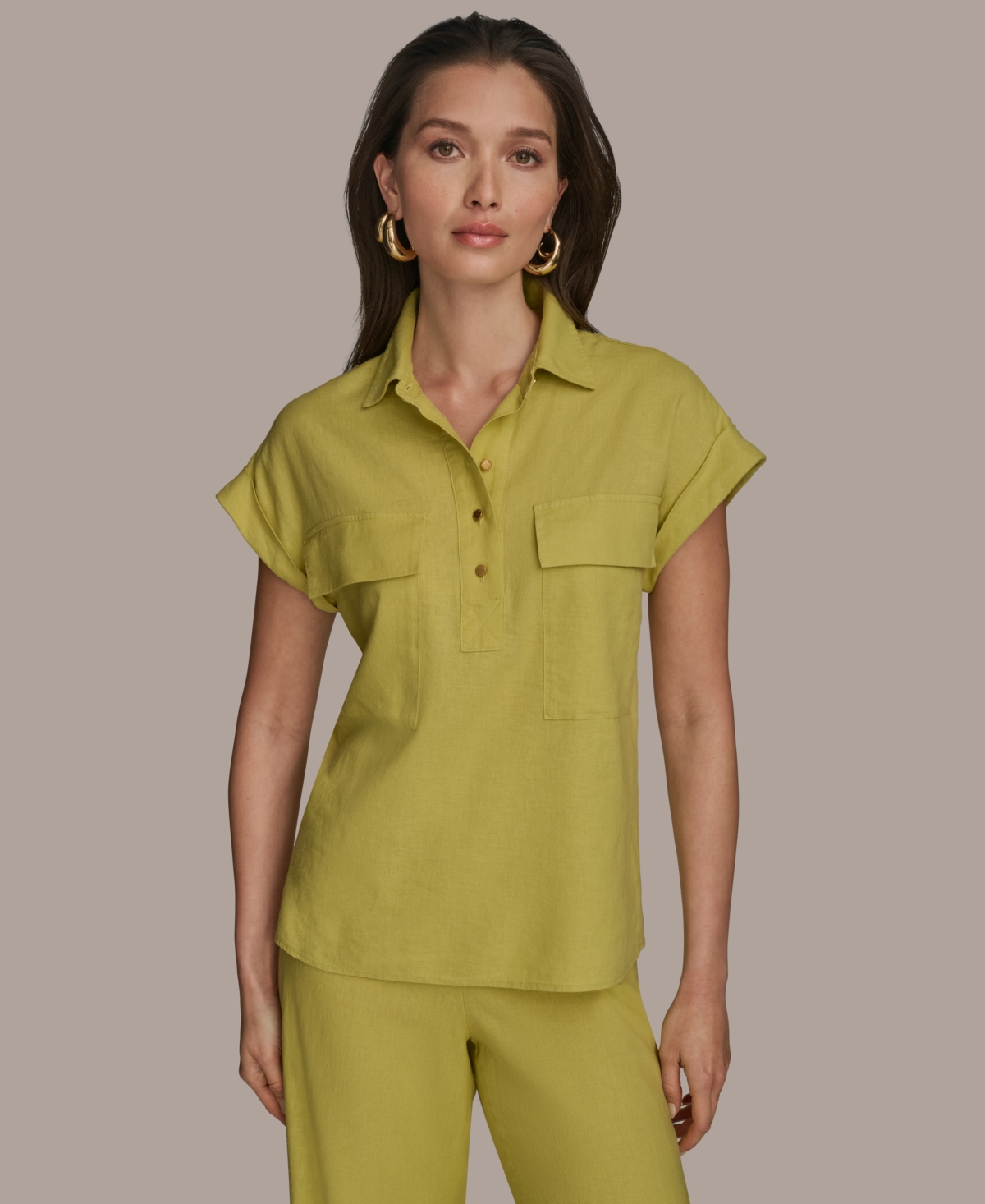 Women's Short Sleeve Linen-Blend Collared Shirt - Cream