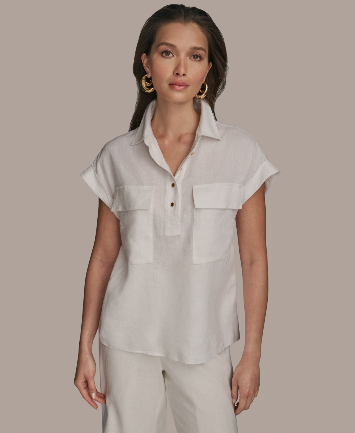 Women's Short Sleeve Linen-Blend Collared Shirt - Cream