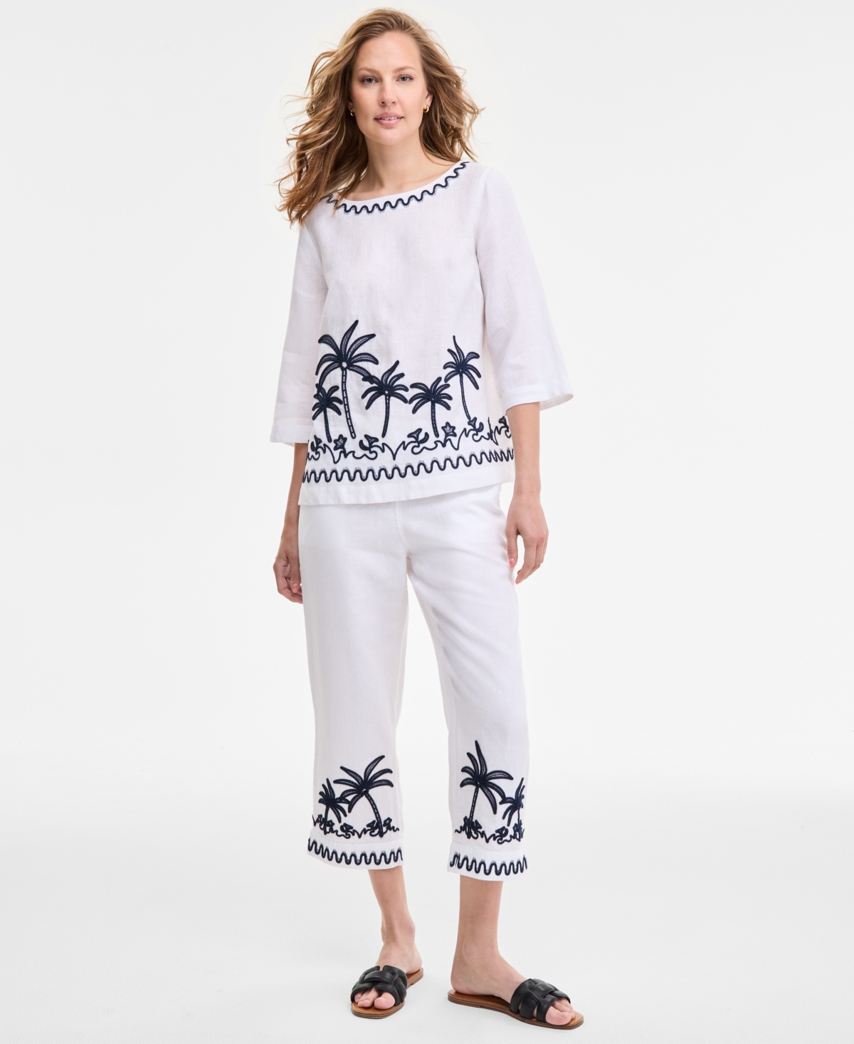 CHARTER CLUB WOMEN'S PALM-APPLIQUE 100% LINEN TOP, EXCLUSIVELY AT MACY'S 
