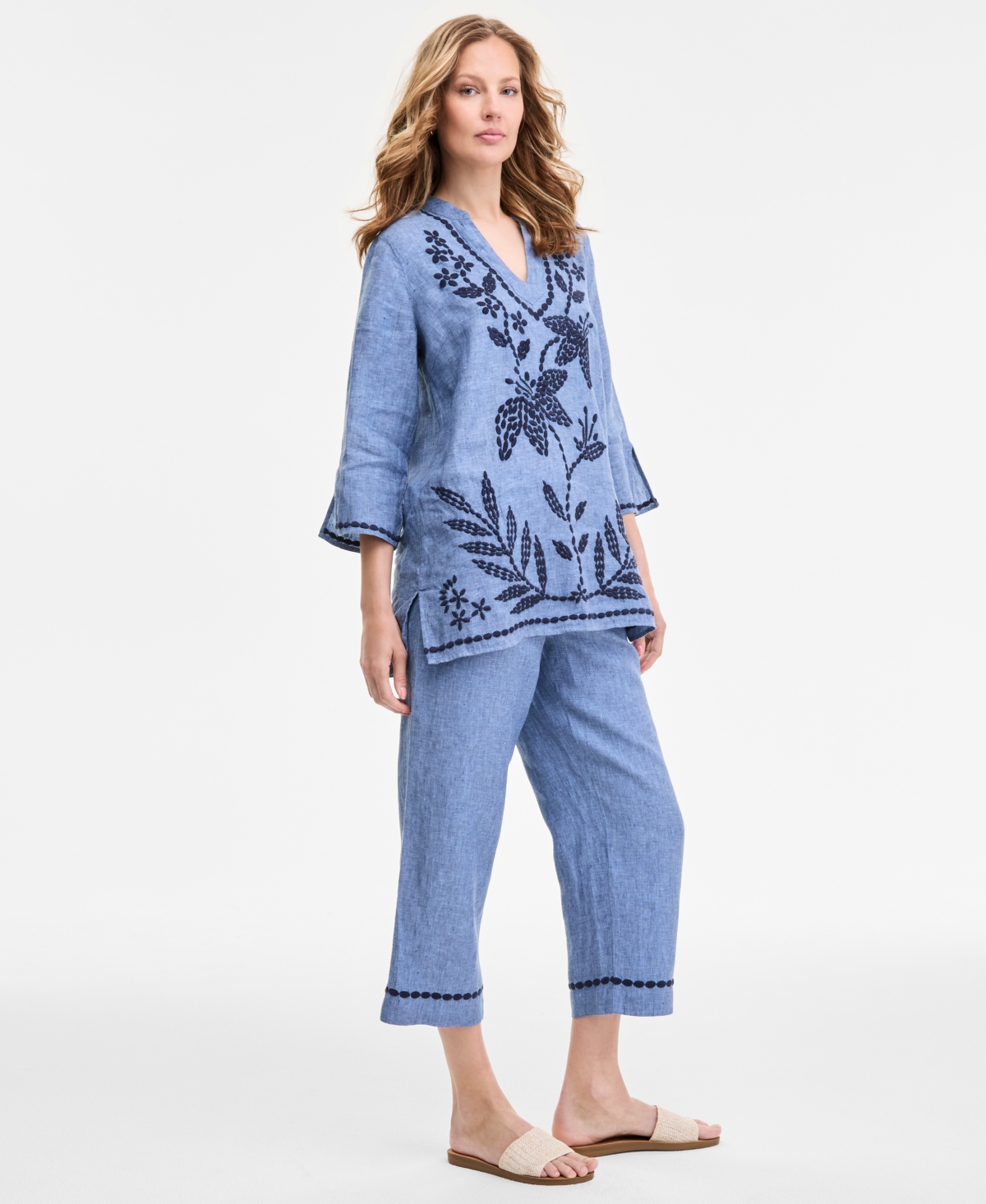 Shop Charter Club Women's Embroidered-cuff 100% Linen Woven Cropped Pants, Exclusively At Macy's