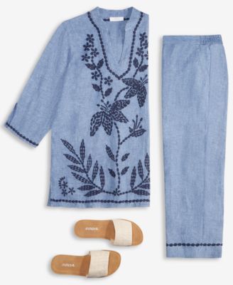 CHARTER CLUB WOMENS 100 LINEN 3 4 SLEEVE TUNIC TOP EMBROIDERED CUFF 100 LINEN WOVEN CROPPED PANTS EXCLUSIVELY AT  