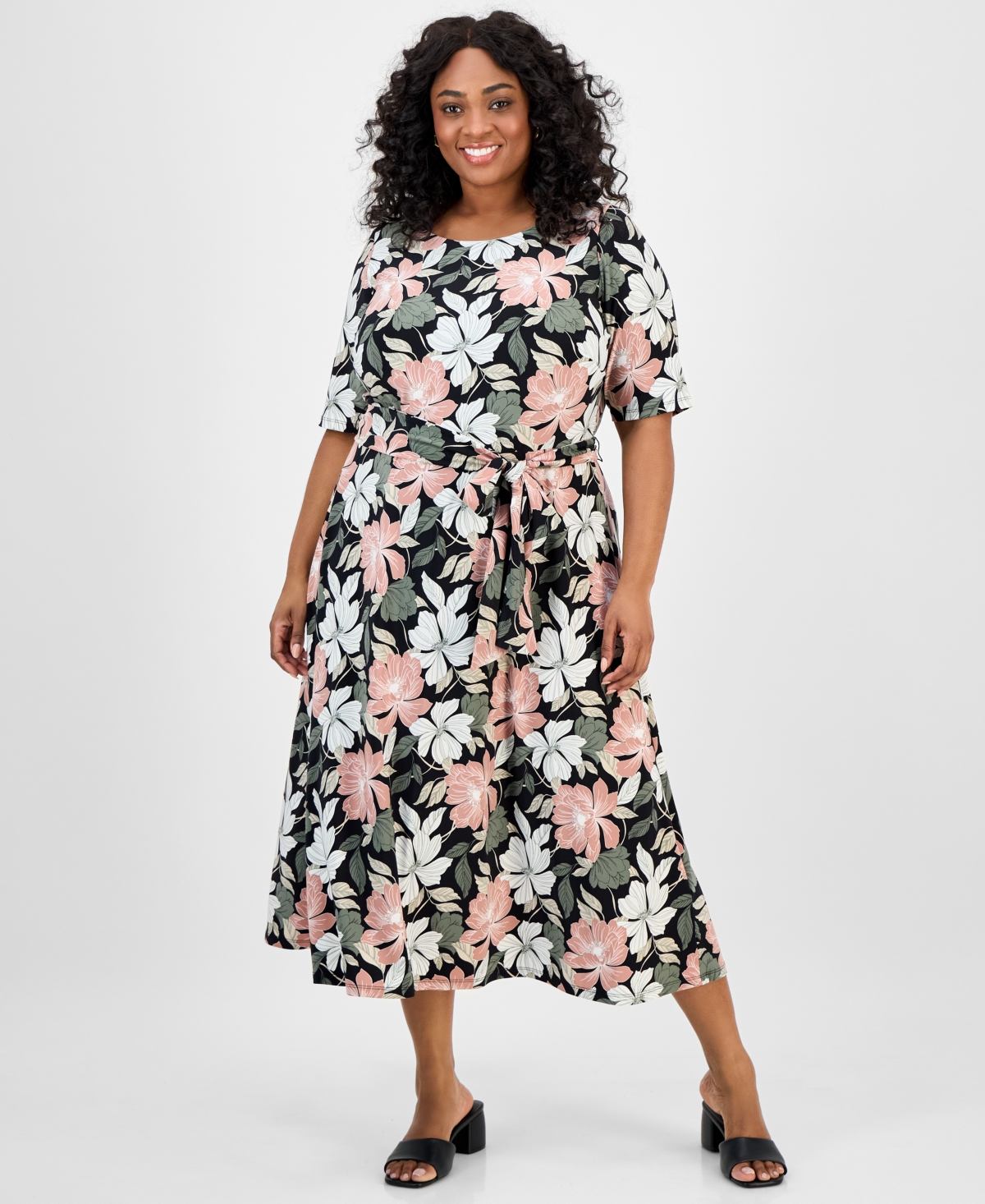 Plus Size Floral-Print Midi Dress - Black Multi