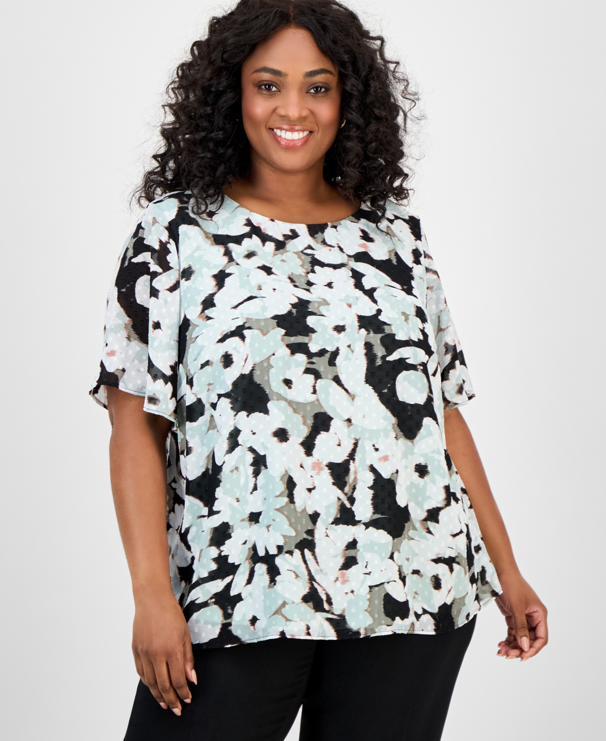 Plus Size Floral-Print Clip-Dot Shirt - Sea Glass Multi