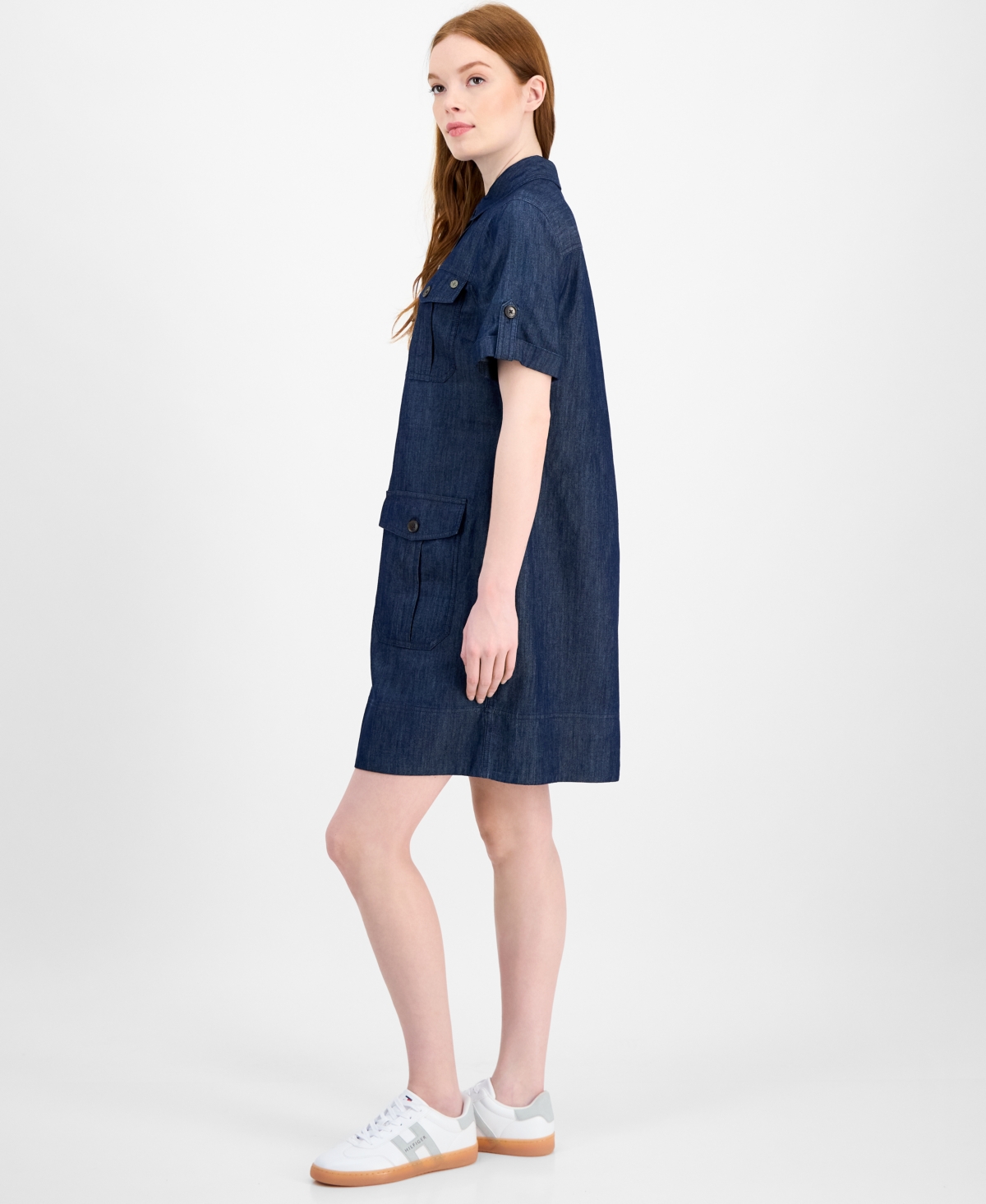 Tommy Hilfiger Women's Chambray Utility Popover Dress In Blue