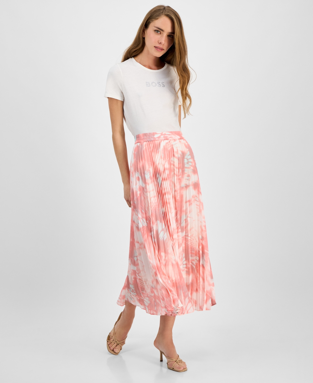 Women's Printed Pleated Midi Skirt - Coral Print