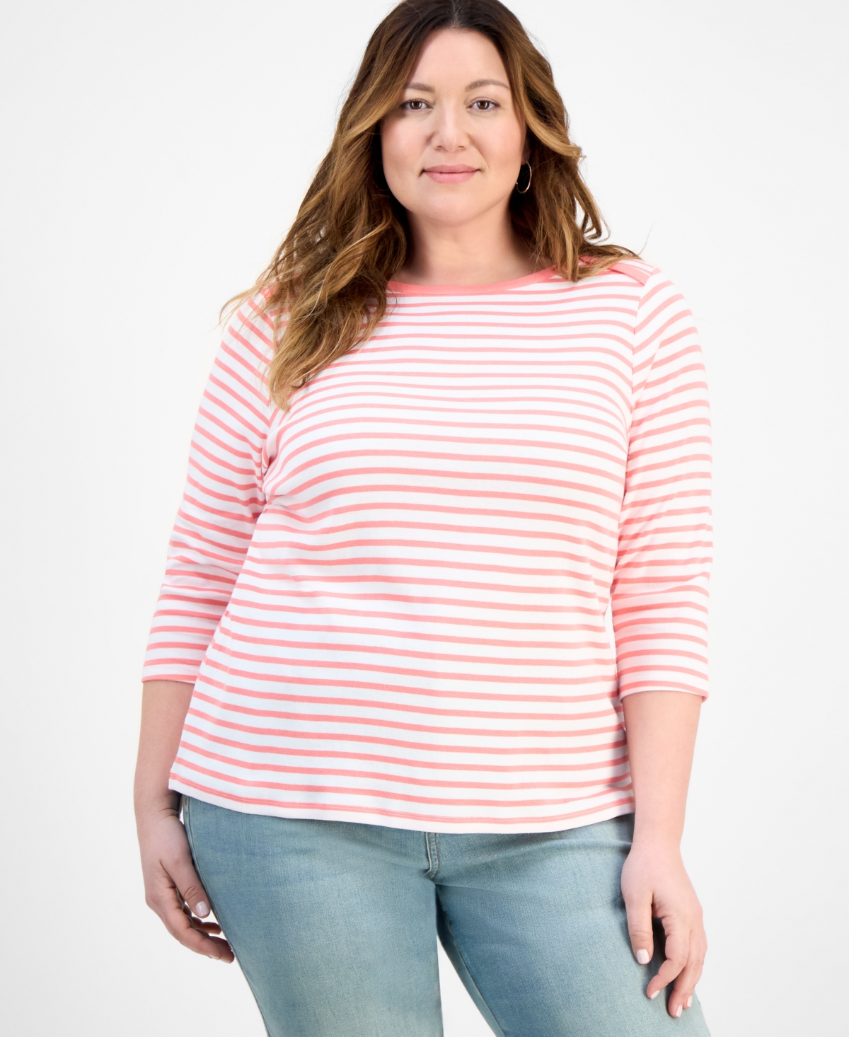 Plus Size Stripe Pima Cotton 3/4-Sleeve Top, Exclusively at Macy's - Washed Peach