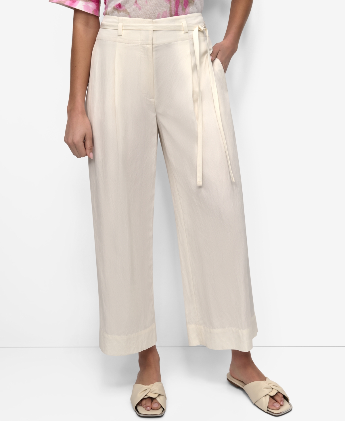 Women's Belted High Rise Pleated Twill Pants - Coconut