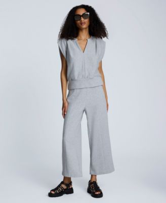 Womens Pleated Shoulder Split Neck Tank Top High Rise Pull On Wide Leg Pants