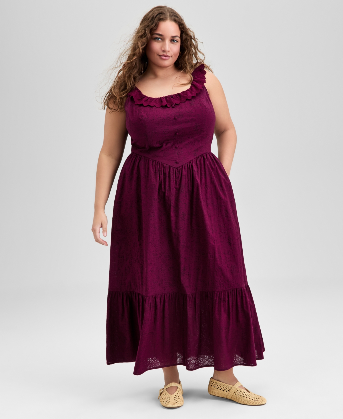 Trendy Plus Size Cotton Ruffle-Trim Maxi Dress, Exclusively at Macy's - Deep Cranberry