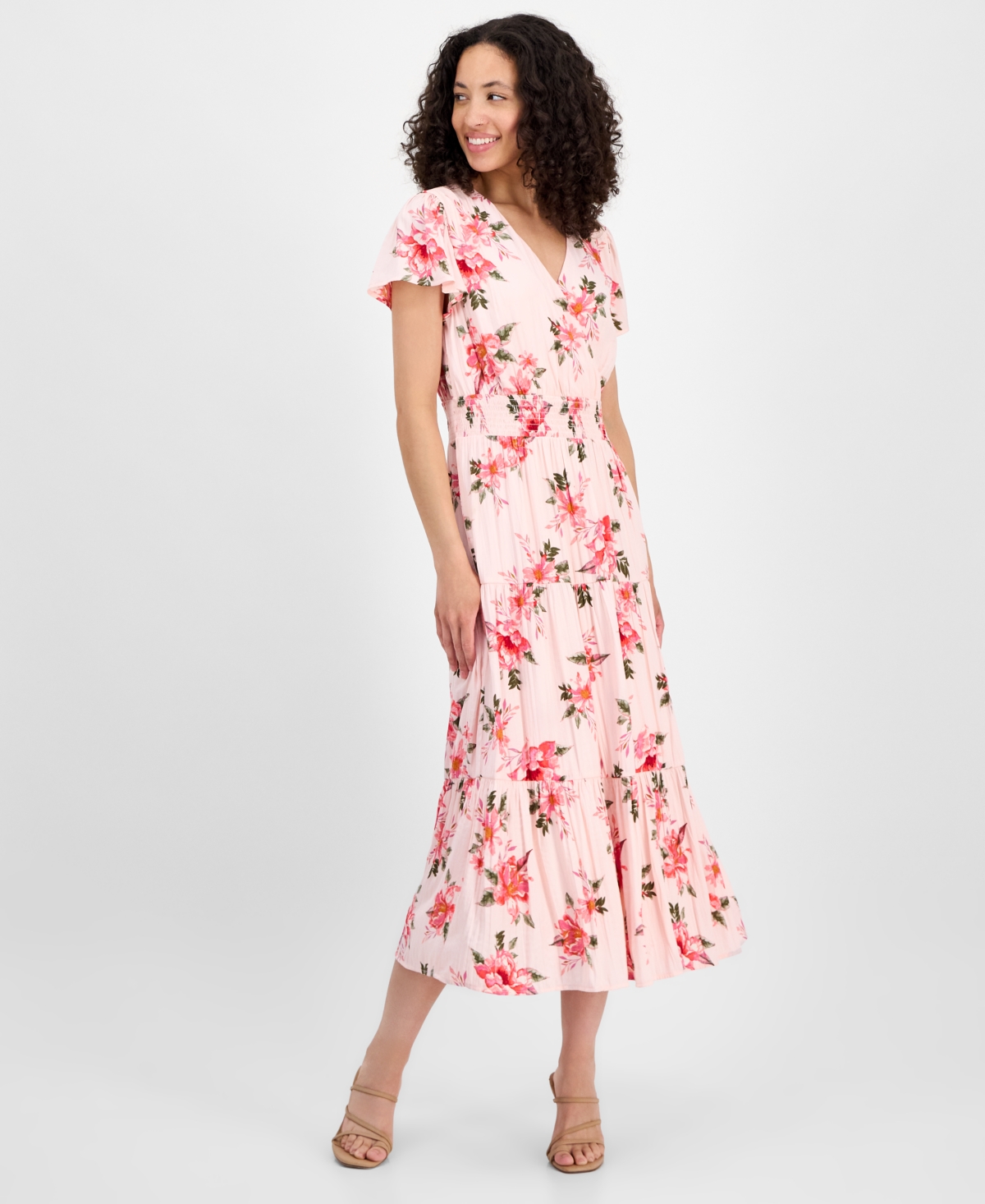 Petite Print Short-Sleeve Maxi Dress - Pink Orange Floral