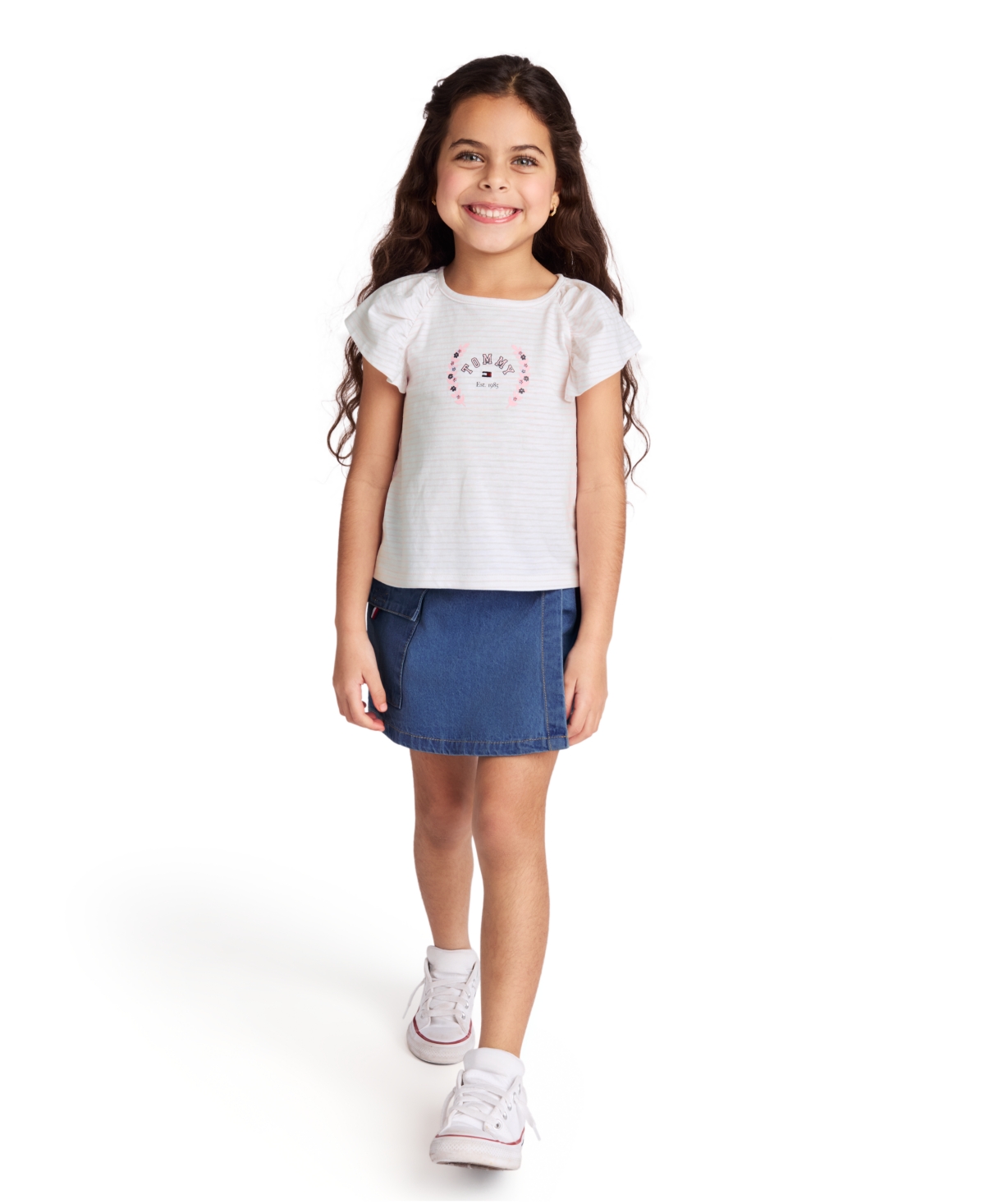 Tommy Hilfiger Toddler And Little Girls 2-piece Printed Flutter Sleeve Top And Denim Pleated Skirt