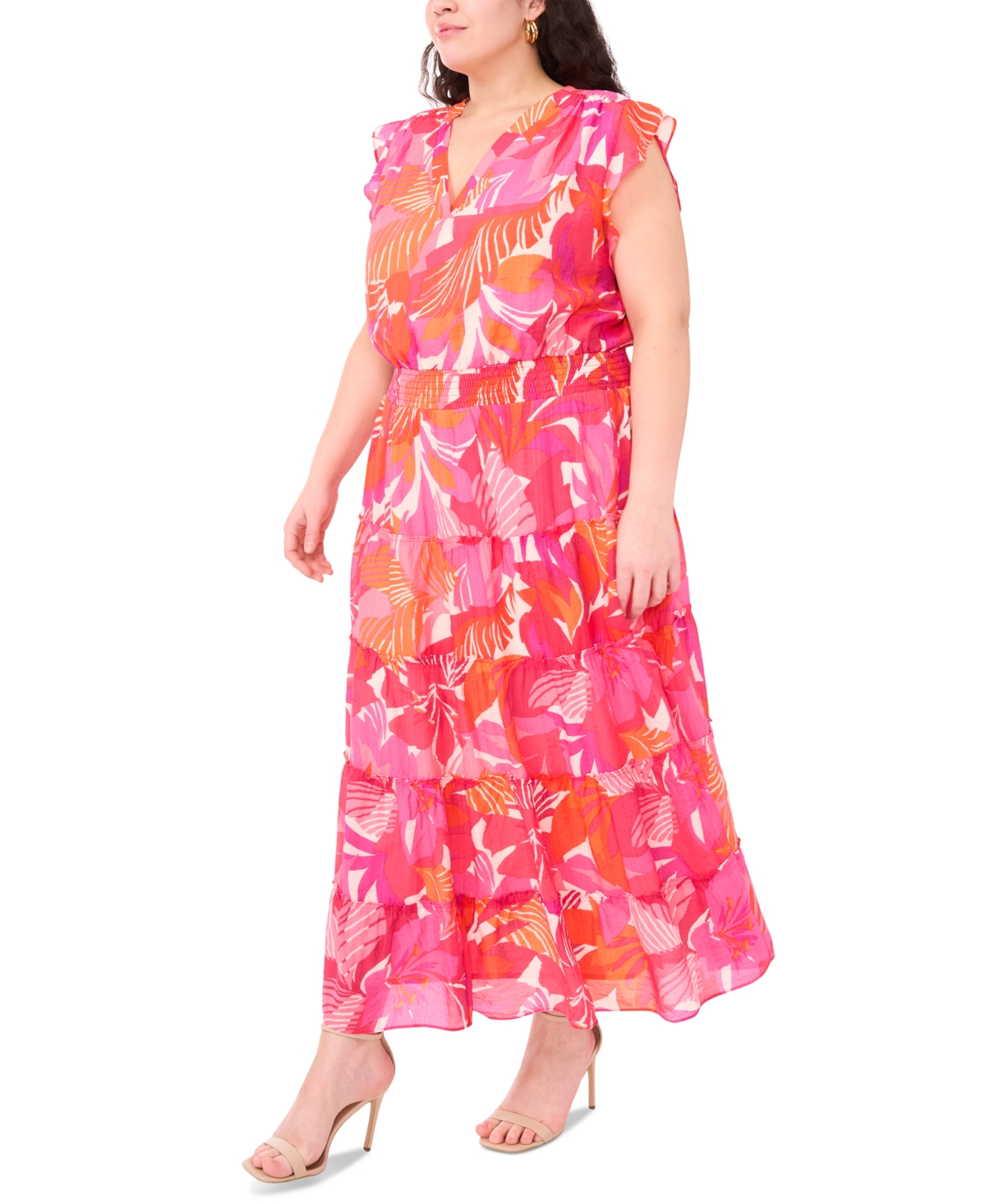 Msk Plus Size Printed Flutter-sleeve Tiered Maxi Dress
