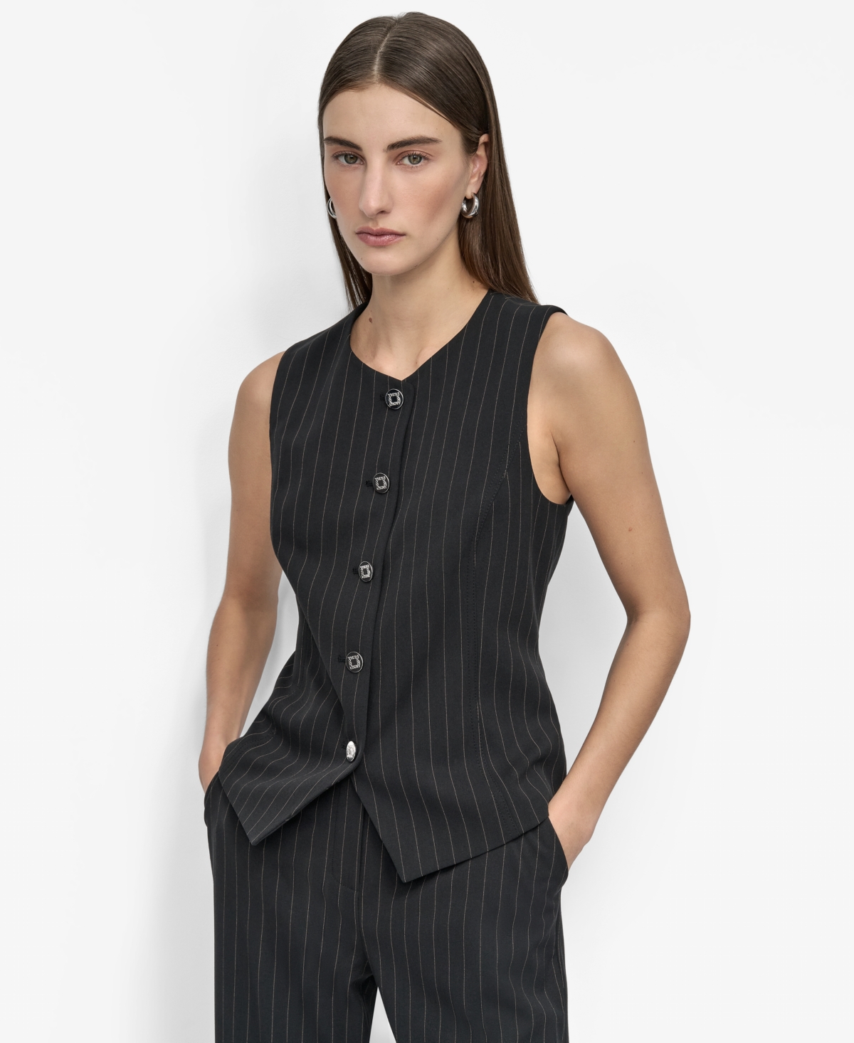 Women's Striped Crewneck Button-Front Vest - Black/ Whiskey Pinstripe