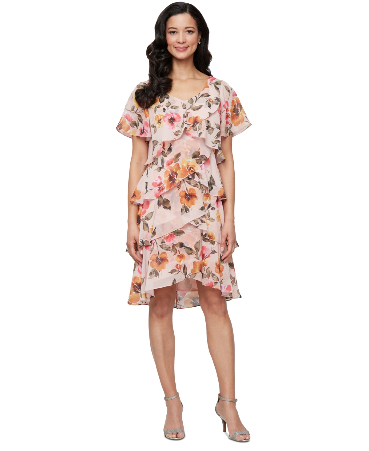 Women's Printed V-Neck Asymmetric-Ruffle-Trim Dress - Pink Multi
