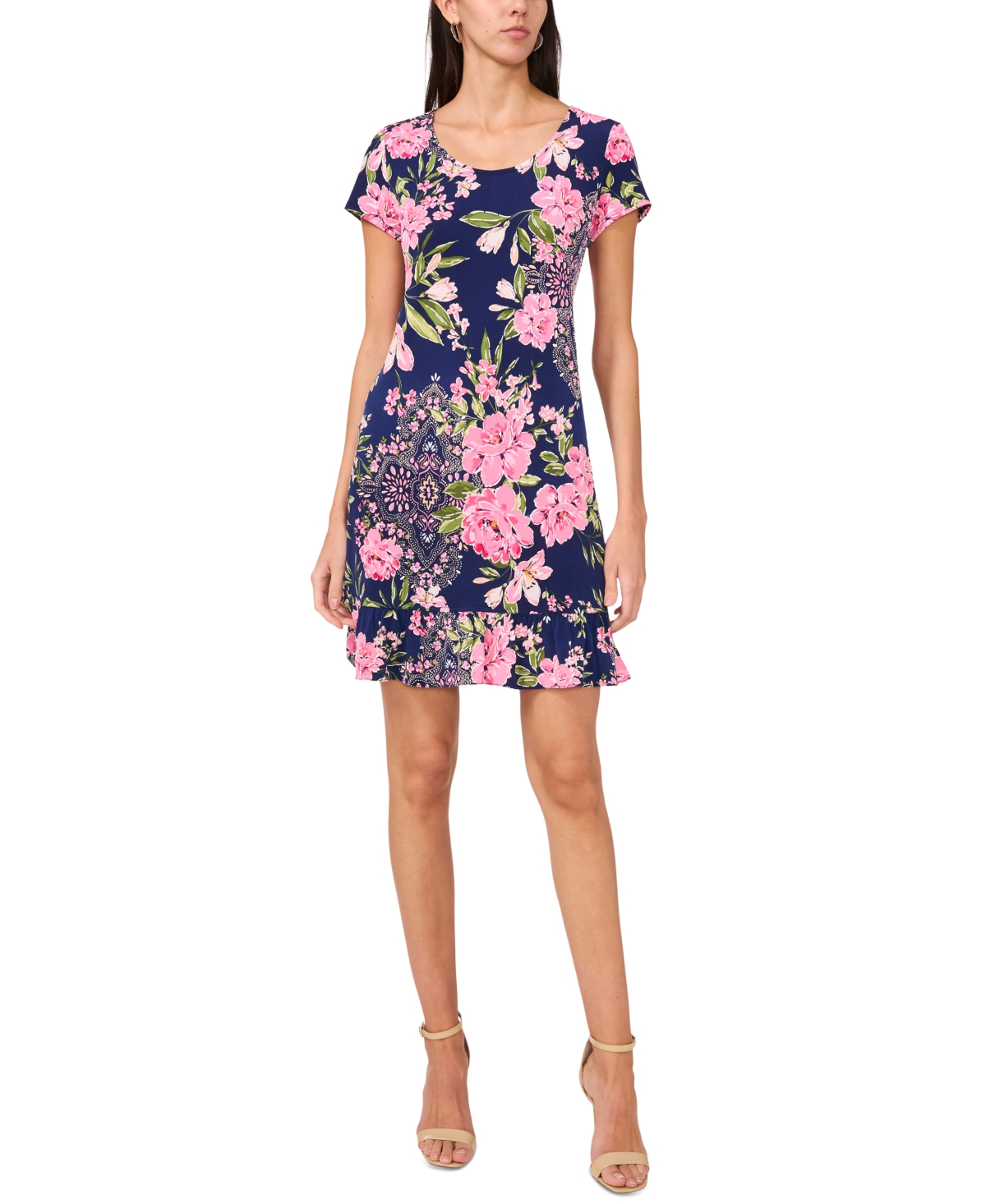 Women's Printed Round-Neck Ruffle-Hem Shift Dress - Navy/peach/green