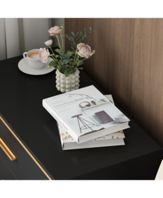 Bedside table with 3 drawers, side table with gold metal handles and feet, end table in black wood, suitable for bedrooms, living rooms, offices