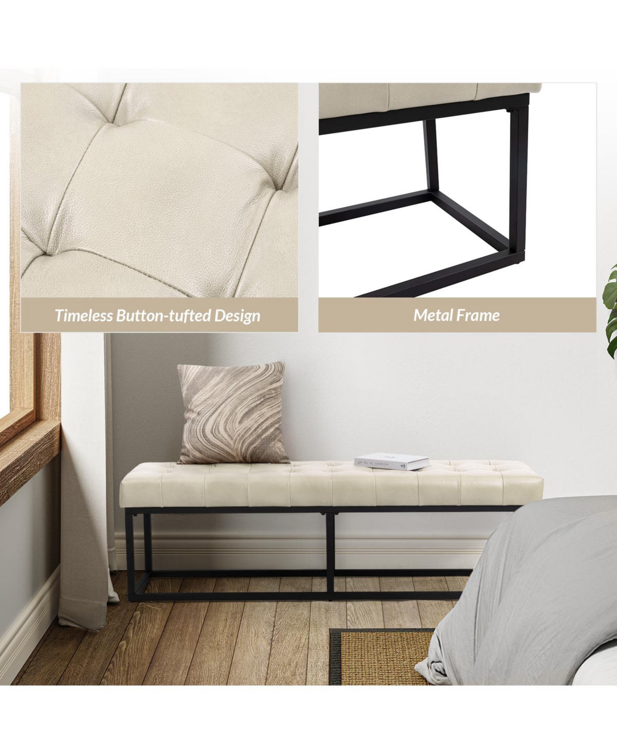 Narciso 60" Wide Bedroom Bench with Genuine Leather Top Cushion and Metal Base