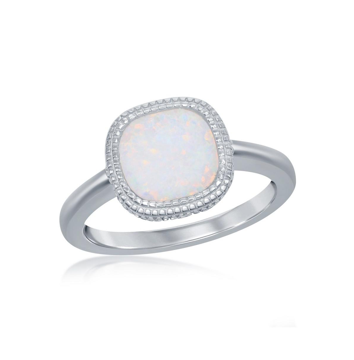 Sterling Silver Square White Inlay Synthetic Opal Ring - White