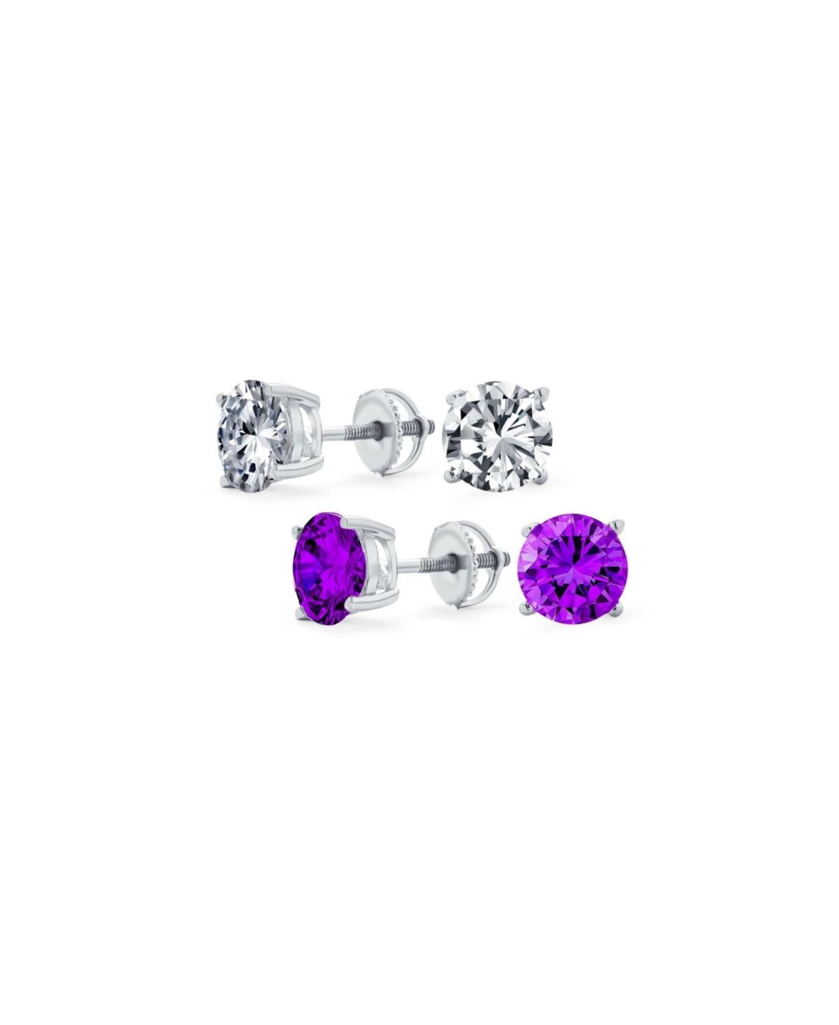 Set of 2 Round Cz Stud Earrings Rose Gold Plated Sterling Silver Screw Back - Purple set