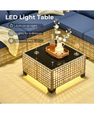 13 Piece Outdoor Patio Furniture Sets with Fire Pit Table,All Weather Wicker Sectional Sofa with Extra Deep Patio Swivel Chairs and Solar PoweRed Coffee Table for